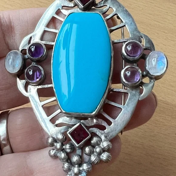 HUGE VINTAGE TURQUOISE AMETHYST GARNET MOONSTONE PENDANT PIN BROOCH 925STERLING